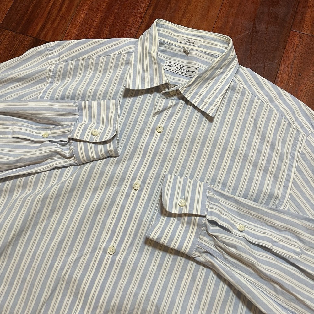 Salvatore Ferragamo Shirt Mens 16 41 Large Blue Striped Preppy Made In Italy